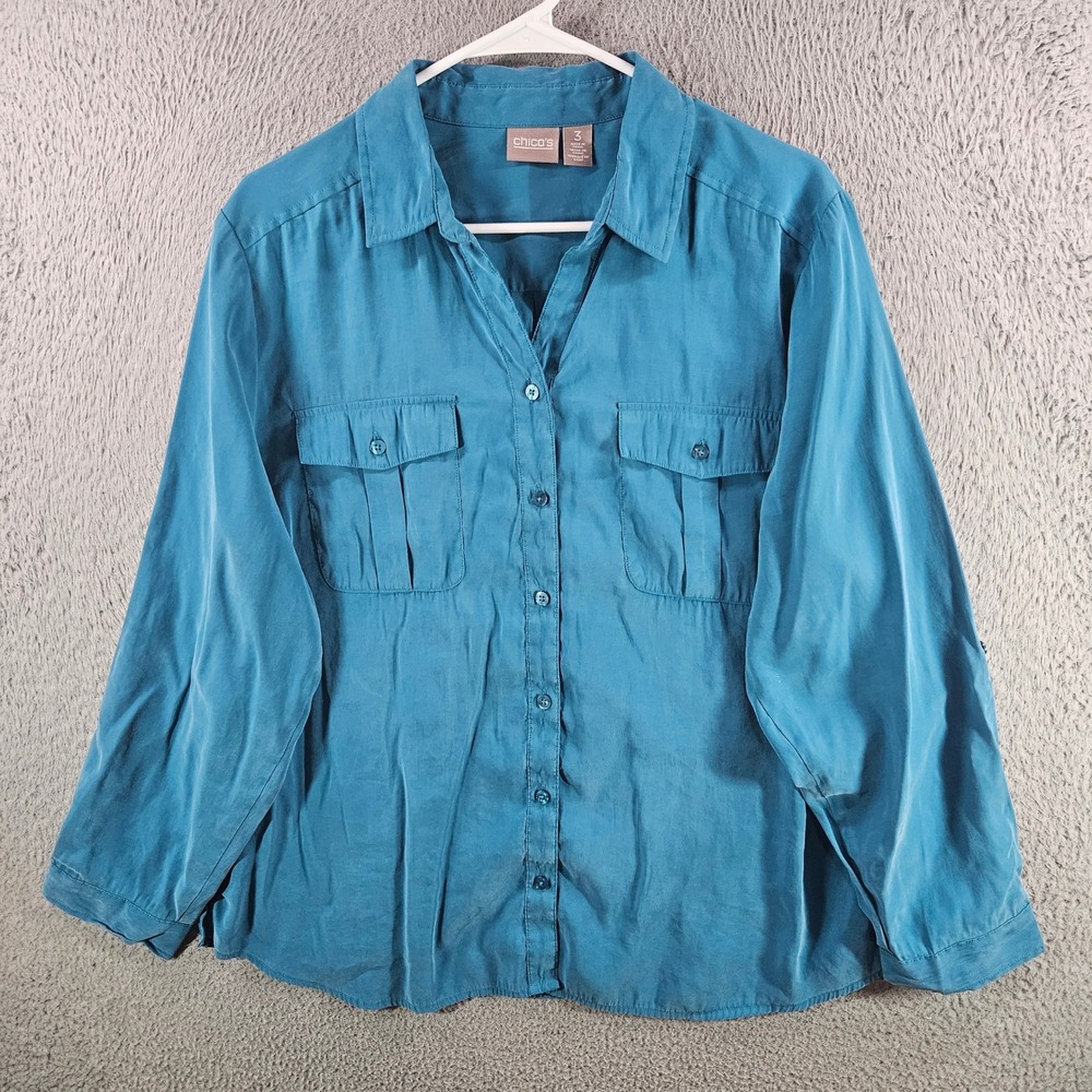 Chico's Blue Modal Blend Button Down Roll Tab Utility Shirt Size 3